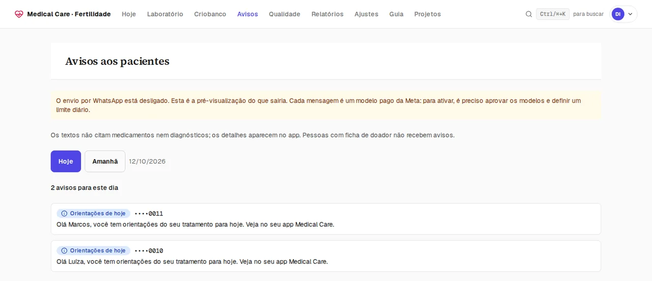 Pré-visualização dos avisos aos pacientes