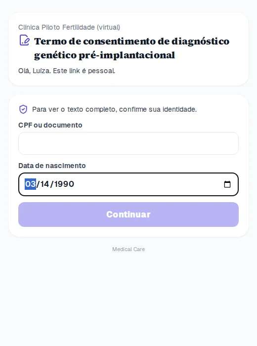 Tela que a paciente vê no celular: confirma o documento e a data de nascimento antes de ler o termo