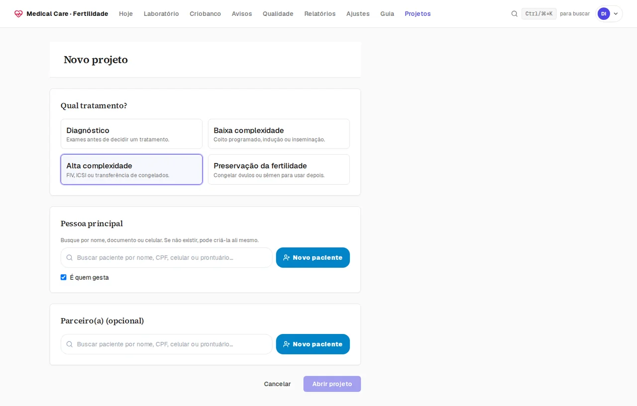 Formulário de novo projeto com as pessoas e seus papéis